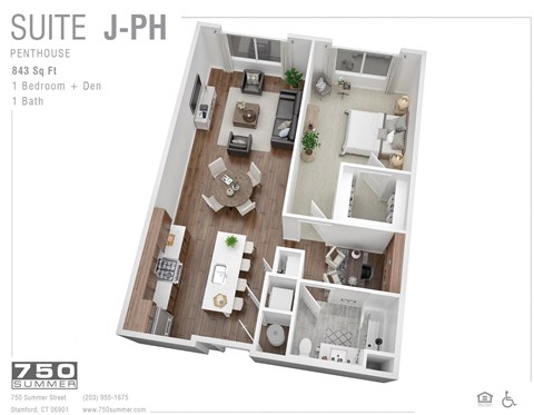 Floor plan for 1 bed, 1 bath, 843 sqft